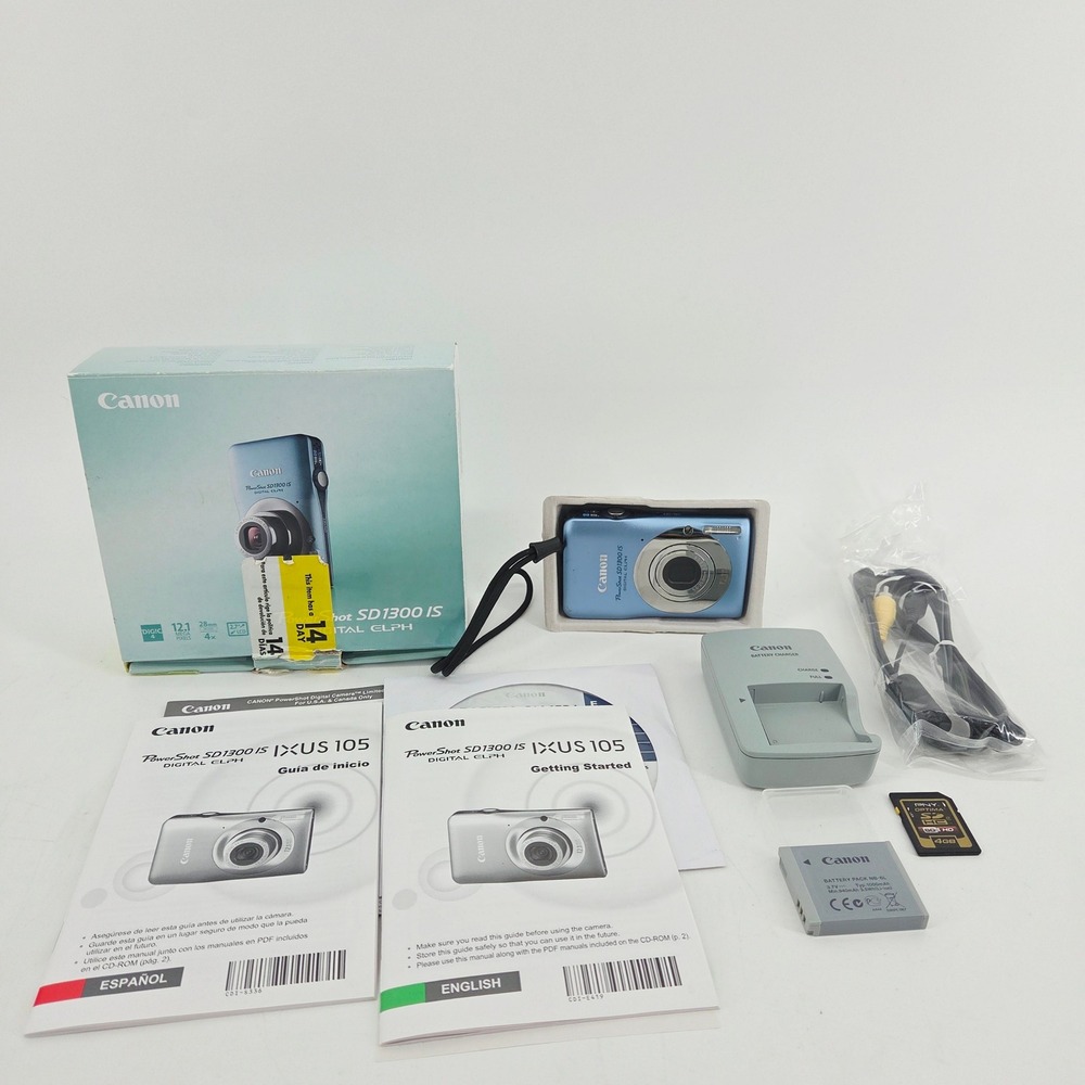 Canon PowerShot SD1300 IS Digital ELPH Blue 12.1MP Camera Bundle w/ Box Tested